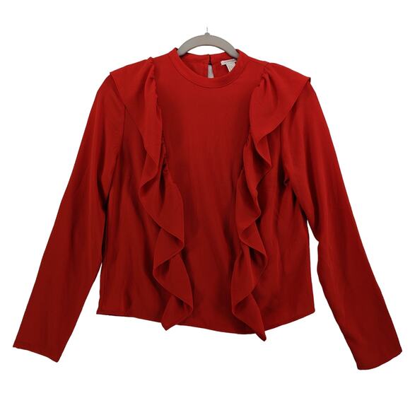 Forever 21 Ruffle Blouse Small Red Long Sleeve Button Back Keyhole Fancy Staple - Picture 1 of 9